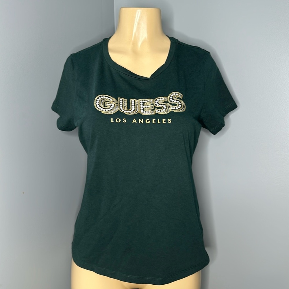 Guess Eco Fran logo pearl tee , short sleeve green color size XL